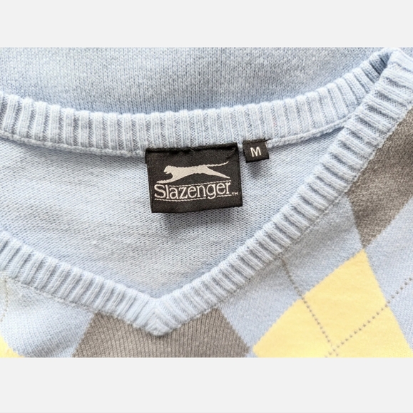 Slazenger Pastel Blue & Yellow Argyle Jumper Sweater Size M | Golf Preppy Sports - Picture 2 of 8